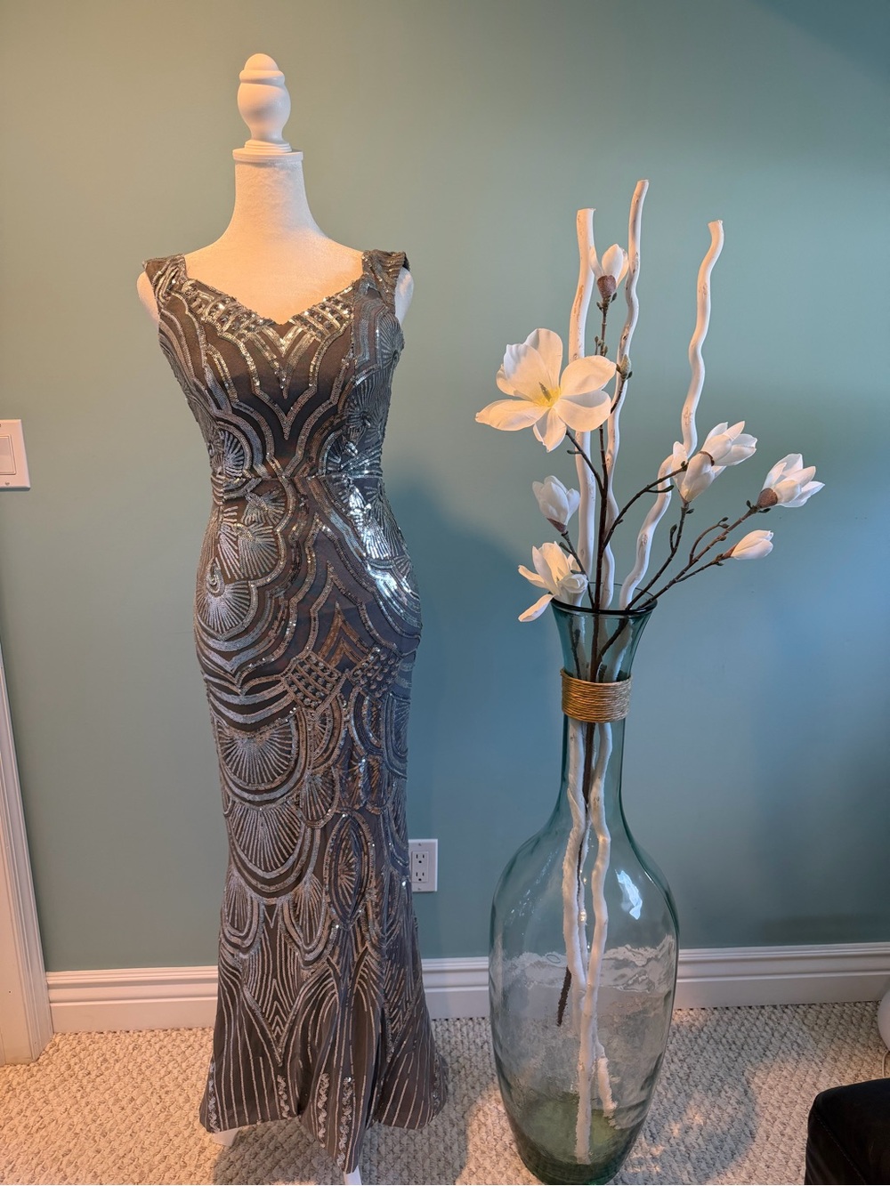Sleeveless Metallic Silver Sequin Maxi Dress size M